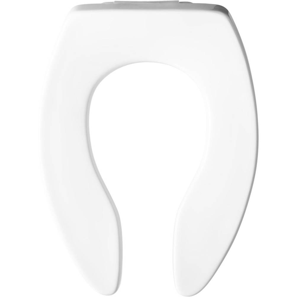 Bemis Elongated Commercial Plastic Open Front Less Cover Toilet Seat with STA-TITE Self-Sustaining Check Hinge - White