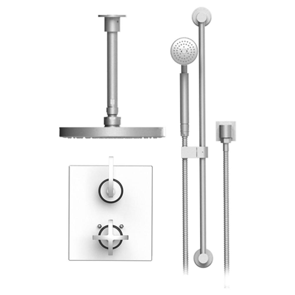 Rubinet Temperature Control Shower With Two Way Diverter & Shut-Off, Hand Held Shower, Bar, Integral Supply & Fixed Shower Head & Arm, 8'' Ceiling Mount Trim