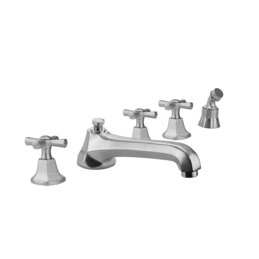 Jaclo Astor Roman Tub Set with Low Spout and Hex Cross Handles and Angled Handshower Mount