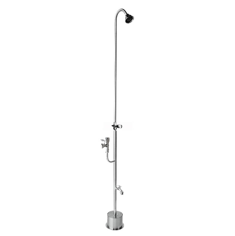 Outdoor Shower Free Standing Single Supply Shower - ADA Metered Valve, 3'' Shower Head, Hose Bibb, Drinking Fountain